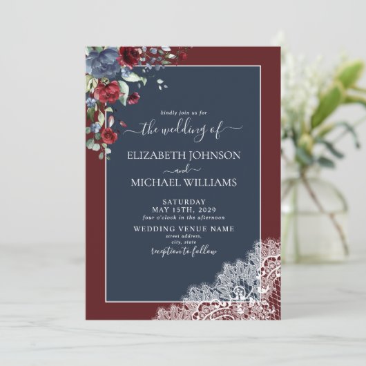 Elegant Navy Blue Burgundy Script Foto Wedding Einladung (Stehend Vorderseite)