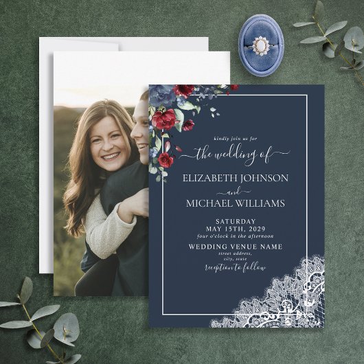 Elegant Navy Blue Burgundy Script Foto Wedding Einladung