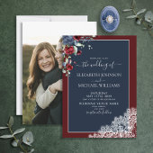 Elegant Navy Blue Burgundy Script Foto Wedding Einladung