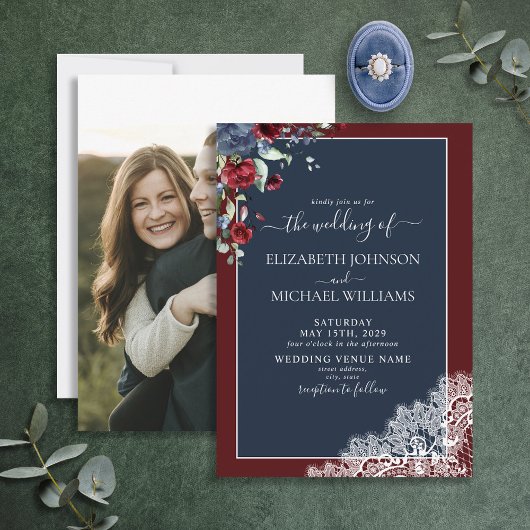 Elegant Navy Blue Burgundy Script Foto Wedding Einladung