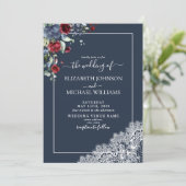 Elegant Navy Blue Burgundy Script Foto Wedding Einladung (Stehend Vorderseite)