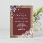 Elegant Navy Blue Burgundy Wood Script Wedding Einladung (Stehend Vorderseite)