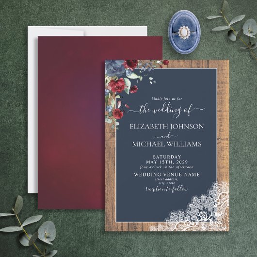 Elegant Navy Blue Burgundy Wood Script Wedding Einladung