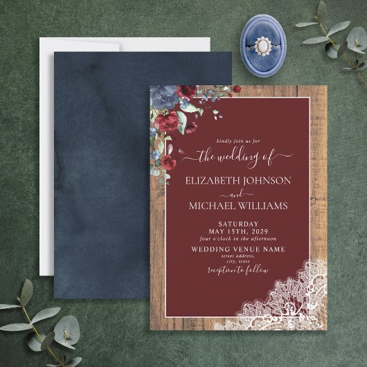 Elegant Navy Blue Burgundy Wood Script Wedding Einladung