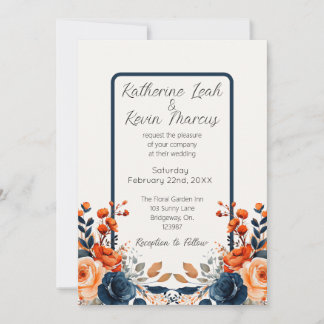 Elegant Navy Blue Burnt Orange Watercolor Floral Einladung