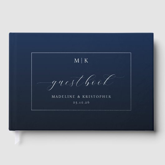 Elegant Navy Blue Calligraphy Gästebuch (Vorderseite)