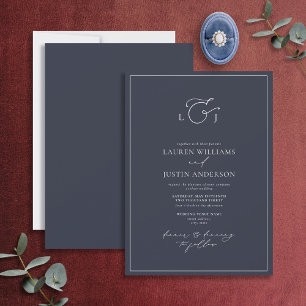 Elegant Navy Blue Calligraphy Monogram Wedding Einladung