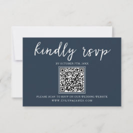 Elegant Navy Blue Calligraphy QR Code Wedding RSVP Karte
