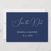 Elegant Navy Blue Calligraphy Script Save The Date (Vorderseite)