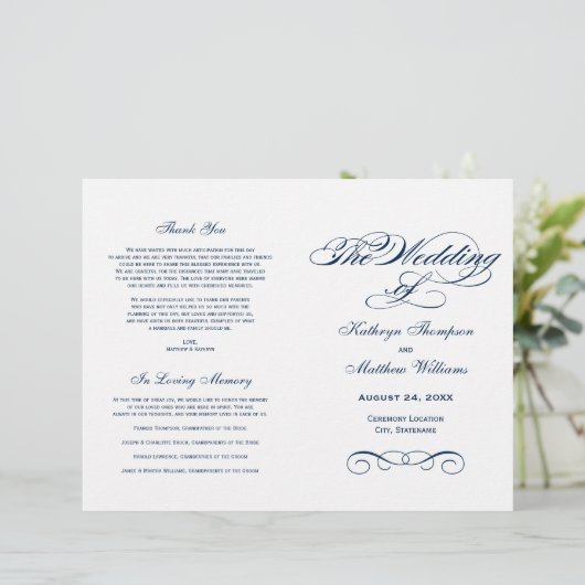 Elegant Navy Blue Calligraphy Wedding Programs (Stehend Vorderseite)