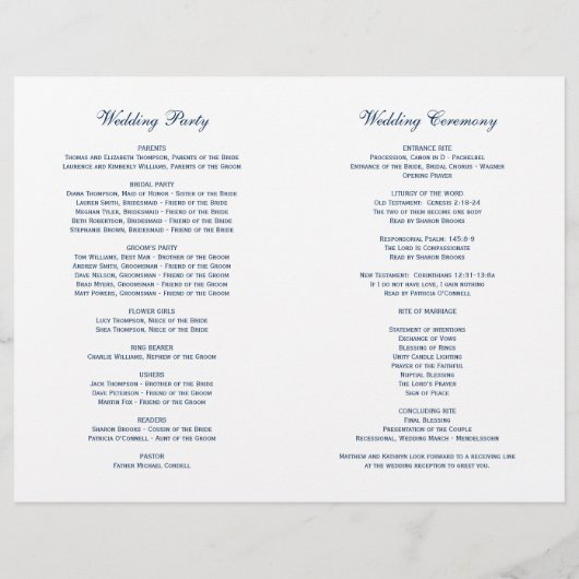 Elegant Navy Blue Calligraphy Wedding Programs (Rückseite)