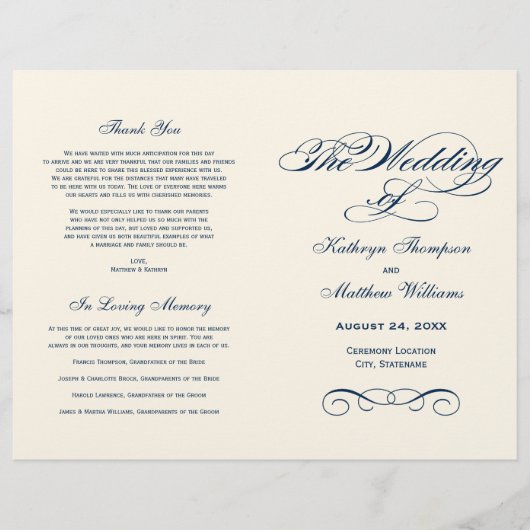 Elegant Navy Blue Calligraphy Wedding Programs (Vorderseite)
