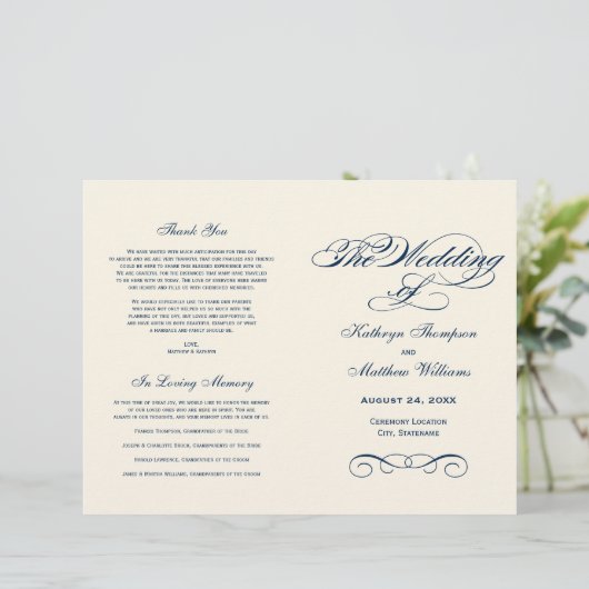 Elegant Navy Blue Calligraphy Wedding Programs (Stehend Vorderseite)