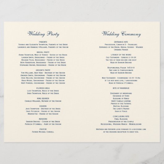 Elegant Navy Blue Calligraphy Wedding Programs (Rückseite)