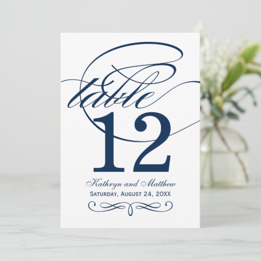 Elegant Navy Blue Calligraphy Wedding Tischnummer (Stehend Vorderseite)