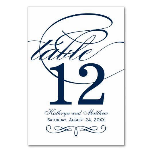 Elegant Navy Blue Calligraphy Wedding Tischnummer (Vorderseite)