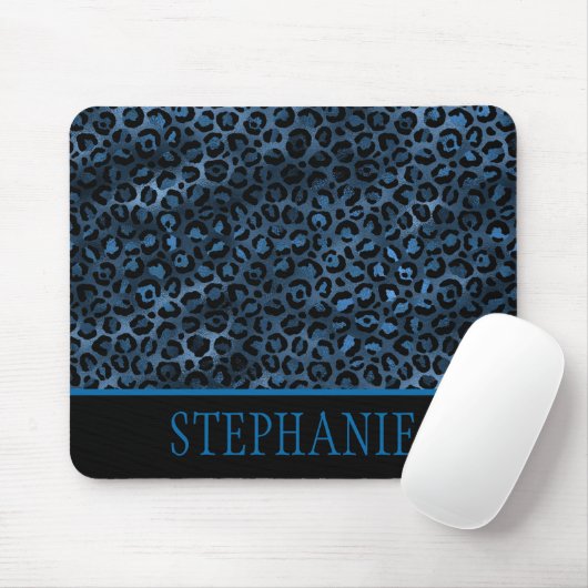 Elegant Navy Blue Cheetah Leopard Print Name Mousepad (Mit Mouse)