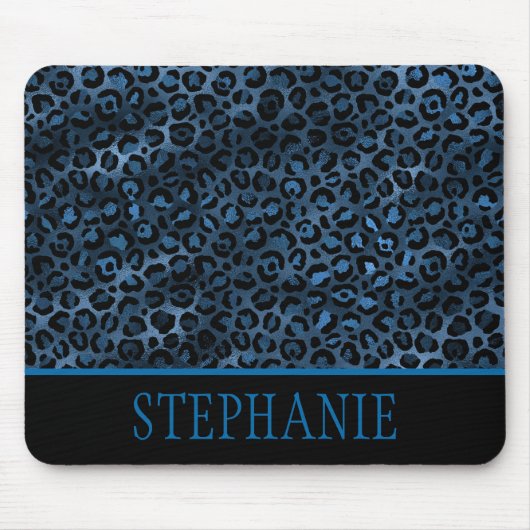 Elegant Navy Blue Cheetah Leopard Print Name Mousepad (Vorne)