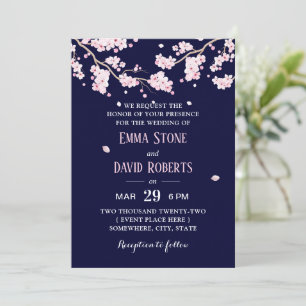 Elegant Navy Blue Cherry Blossom Hochzeit Einladung
