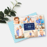 Elegant Navy Blue Christmas Monogram Foto Collage Feiertagskarte<br><div class="desc">Die stilvolle Foto-Collage-Karte für die Ferien enthält sechs (6) Ihrer Lieblings-Fotos aus dem Jahr mit individueller "Frohe Weihnachten / Warmste Wünsche" und Monogramm-Text. Auf der Rückseite der Karte befindet sich ein Muster aus diagonal weißen Streifen. Beachten Sie, dass der marineblau Hintergrund die blau-weißen und poolblauen Textfarben so geändert werden können,...</div>