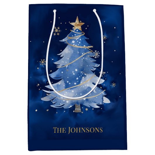 Elegant Navy Blue Christmas Tree Custom Business H Mittlere Geschenktüte (Vorderseite)