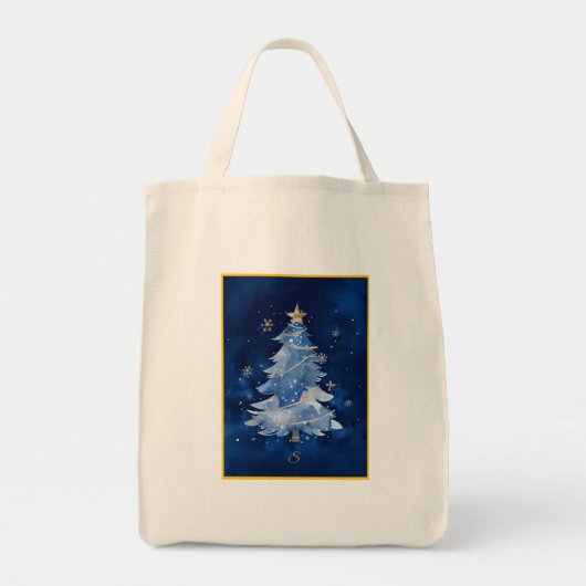 Elegant Navy Blue Christmas Tree Monogram Tragetasche (Vorne)