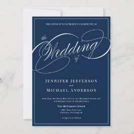 Elegant Navy Blue Classic Calligraphy Wedding Einladung