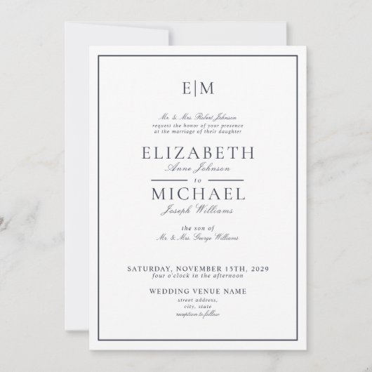 Elegant Navy Blue Classic Script Monogram Wedding Einladung (Vorderseite)