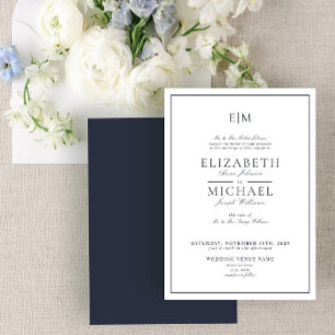 Elegant Navy Blue Classic Script Monogram Wedding Einladung