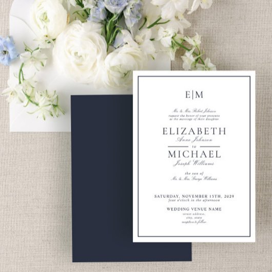Elegant Navy Blue Classic Script Monogram Wedding Einladung