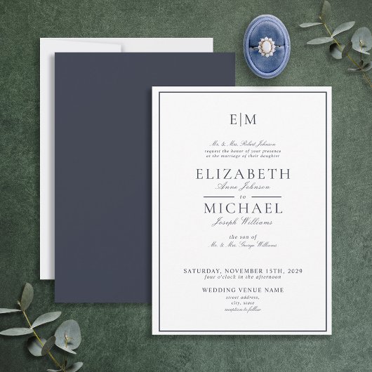 Elegant Navy Blue Classic Script Monogram Wedding Einladung