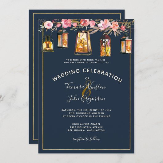 Elegant Navy Blue Coral Floral Gold Lights Einladung (Vorne/Hinten)