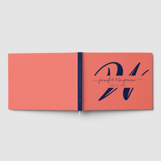 Elegant Navy Blue Coral Script Monogram Wedding Gästebuch (Voll)