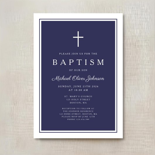 Elegant Navy Blue Cross Baby Boy Baptism Einladung