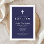 Elegant Navy Blue Cross Baby Boy Baptism Einladung