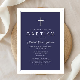 Elegant Navy Blue Cross Baby Boy Baptism Einladung