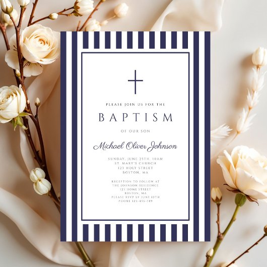 Elegant Navy Blue Cross Boy Baptism Einladung