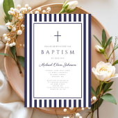 Elegant Navy Blue Cross Boy Baptism Einladung