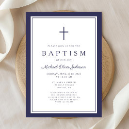 Elegant Navy Blue Cross Boy Baptism Einladung