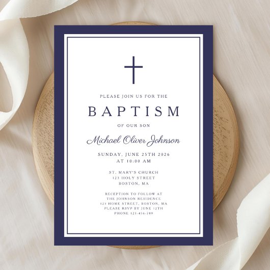 Elegant Navy Blue Cross Boy Baptism Einladung