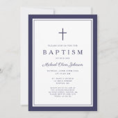 Elegant Navy Blue Cross Boy Baptism Einladung (Vorderseite)