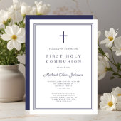 Elegant Navy Blue Cross Boy Erste Heilige Kommune Einladung