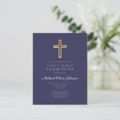 Elegant Navy Blue Cross Boy First Communation Postkarte (Stehend Vorderseite)