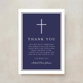 Elegant Navy Blue Cross Boy First Communion Dankeskarte