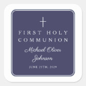 Elegant Navy Blue Cross Boy First Communion  Quadratischer Aufkleber (Vorderseite)