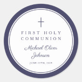 Elegant Navy Blue Cross Boy First Communion  Runder Aufkleber (Vorderseite)