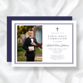 Elegant Navy Blue Cross Boy Foto Erste Kommune Einladung
