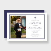 Elegant Navy Blue Cross Boy Foto Erste Kommune Einladung