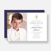 Elegant Navy Blue Cross Foto Boy First Communation Einladung