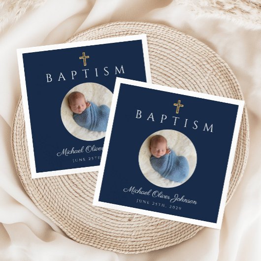 Elegant Navy Blue Cross Foto Boy Taufe Serviette